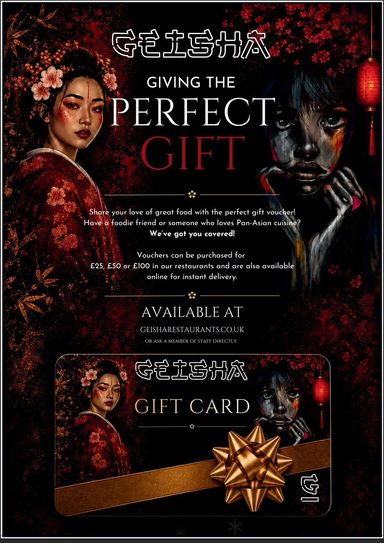 Geisha gift card poster — “Giving the perfect gift”. Vouchers can be purchased for £25, £50 or £100 in our restaurants and are also available online for instant delivery.