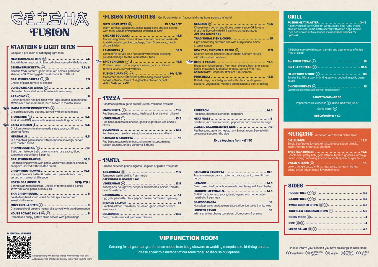 Geisha Fusion menu — starters, fusion favourites, pizza, pasta, grill, burgers and sides